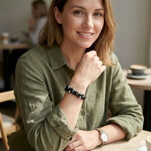 Women Black Braided Leather Bracelet with Crystal Accents  Casual Style